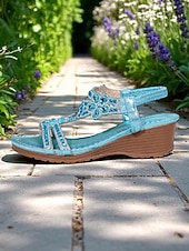 preiswerte Keilsandalen-Mit Strasssteinen verzierte blaue Keilsandaletten für Damen mit Blumenmuster und glitzerndem Design für Gartenpartys, Strandurlaube und Sommerspaziergänge