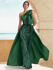 billige SVART-Svart slips mermaid  trumpet ettermiddagskjole elegant svart kjole formell bryllup gulvlengde ermeless en skulder stretch sateng med sløyfe(r) gull paljetter og blonde