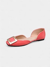 tanie Buty na płaskim obcasie damskie-damskie czarne lakierowane baleriny ze złotą klamrą, elegancki kwadratowy nosek, buty wsuwane do biura i na co dzień