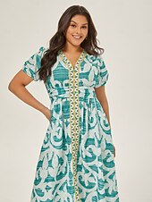 abordables Robes de vacances-robe mi-longue à manches bouffantes et col V