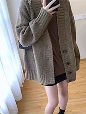 preiswerte Einfarbiger Cardigan-Damen Pullover Strickjacke Mode Einfarbig Gerippt V Ausschnitt Knöpfe Gestrickt Langarm Normale Oberteile Stricken Täglich Ferien Ausgehen Schwarz Dunkelgray Herbst