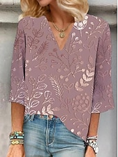 abordables Tops Boho para Mujeres-Mujer Blusa Floral Graphic Elegante Casual Estilo playero Manga 3/4 Escote en Pico Tops regulares Diario Festivos Noche Frunce Bordado Estampado Rosa Morado Verde Trébol Verano Primavera