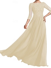 economico Lunghezza del pavimento-Abito da sposa a trapezio, elegante, con scollo a giro, lunghezza al pavimento, maniche a 3/4, con pieghe, tinta unita, 2025