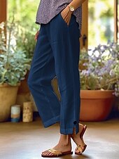 abordables Pantalon uni en coton et lin-Femmes Pantalon en coton et lin Chinos ancien Mode Basique Longueur complète Taille haute Uni Avec Poches Confort Extérieur Non Elastique Vacances Rue Quotidien Vert foncé Bleu marine Blanche Rose