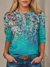 ieftine tricou floral-Tunică pentru femei T-Shirt Modă Casual Print Manșon Lung Bluze Regulate Guler Rotund Zilnic Albastru Violet Primăvară Toamnă