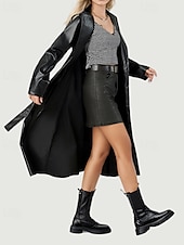 preiswerte Kunstlederjacken-Damen Trenchcoat Warm Bequem Tasche Aktiv Mode Einfach Ausgehen Wochenende Offene Vorderseite Lang Umlegekragen Normale Passform Langarm Oberbekleidung Schwarz Herbst Winter