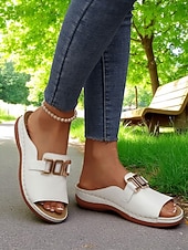 cheap Slide Sandals-Women's White Faux Leather Slide Sandals with Gold Buckle Casual Style for Garden Walks Vacation and Daily Errands