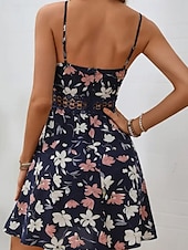 abordables Robes fleuries décontractées-Femmes Mini Robe Robe Fleurie Robe d&#039;été Robe Nuisette Robe Imprimée Classique Moderne Vacances Sortir Week-end Coupe régulière Fleur Sans manches Bretelles spaghetti Noir Bleu de minuit Été