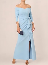 economico BLU-Abito da sera sirena  tromba abito elegante matrimonio formale lunghezza fino al pavimento maniche 3/4 spalle scoperte crepe elasticizzato con pieghe e volants arricciati