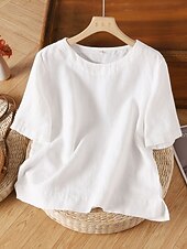 abordables Chemises-Femmes Chemise Haut en Coton Blanc Couleur Unie Élégant ancien Basique Manche Courte Col ras du cou Hauts Réguliers Quotidien Sortir Week-end Blanche Jaune Rose Claire Violet Vert Été Printemps