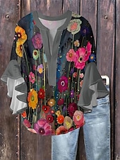 Χαμηλού Κόστους Ανθισμένα Τοπ-Γυναικεία Μπλούζα Φλοράλ Στυλάτο Μοντέρνα 3/4 Μήκος Μανικιού Λαιμόκοψη V Κανονικά μπλουζάκια Καθημερινά Αργίες Με Βολάν Στάμπα Μαύρο Θαλασσί Πράσινο του τριφυλλιού Σομόν Καλοκαίρι