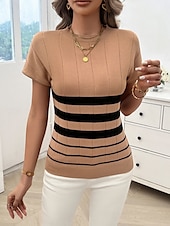 billige Grafiske mønstre og detaljer-Dame Bluse Stripet Stilfull Fritid Kortermet Crew-hals Vanlige topper Daglig Lapper Svart Hvit Brun Kakifarget Sommer