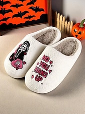 baratos Para mulheres-Pantufas femininas felpudas com estampa de fantasma de Halloween - sapatos confortáveis de casa de terror bordados com design &quot;não desligue&quot; para temporadas assustadoras, festas e roupas de lazer