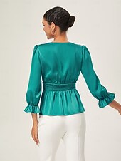 abordables Chemises et blouses-élégant chemisier cintré en satin vert lac