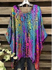 olcso Női Művészet és Dizájn Felsők-Női Boho ing Grafika Absztrakt Elegáns Csehország Aktív Rövid ujjú Denevérujj Terített nyak Normál felsők Napi Szabadság Strandruházat Sárga Medence Bíbor Fukszia Narancssárga Nyár Tavasz