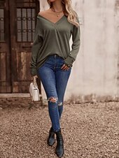 billige Plain t-skjorte-Dame Bluse Helfarge Stilfull Fritid Langermet V-hals Vanlige topper Daglig Knapper Svart Hvit Vin Militærgrønn Navyblå Sommer Vår