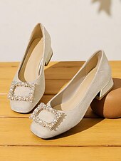 Недорогие Block Heels-женские бежевые туфли на плоской подошве с квадратным носком и жемчужной пряжкой, туфли из искусственной ткани на низком каблуке для элегантных повседневных образов и ежедневных свиданий