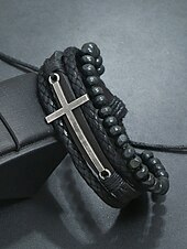preiswerte Herrenschmuck-Gothic-Kreuz-Lederperlenarmband für Herren – mehrlagiges Vintage-Armband für Halloween-Partys und Retro-Punk-Stil