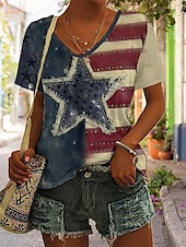 ieftine Ziua Independenței Top-Tricou patriotic pentru femei grafică inimă steag elegant casual cu mânecă scurtă gât în V bluze obișnuite zilnic print albastru mov bronz verde vară primăvară