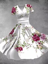 ieftine Rochii florale-Pentru femei Rochii Midi Rochie A line Rochie de vară Rochie Fit And Flare Petrecere Casual Zilnic Concediu Fit regulat Floral Grafic Manșon scurt În V Negru Alb Portocaliu Vară
