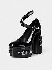 abordables Années 1980-Femmes Chaussures à Talons Soirée Rivet Boucle Plateau Talon Bloc Bout Rond Punk PU Boucle Noir