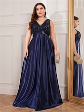 cheap BLACK-A-Line Plus Size Dresses Elegant Curve Dress Formal Wedding Floor Length Sleeveless V Neck Satin V Back with Pleats