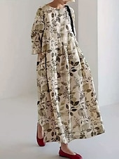 preiswerte Blumenkleid-Damen Midikleid Sommerkleid A Linie Kleid Urlaub Lässig Strand Ferien Lässiger Schnitt Blumen Grafik Langarm Rundhalsausschnitt U-Boot-Ausschnitt Marineblau Khaki Dunkelgray Sommer Frühling Herbst