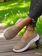 billige Sneakers til kvinner-Grå flyknit slip-on-sneakers til dame – hverdagssko for turgåing, ærender og fritid i parken