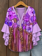 preiswerte Blumenoberteile-Damen Bluse Blumen Grafik Abstrakt Elegant Täglich Lässig Dreiviertelarm V Ausschnitt Normale Oberteile Täglich Ferien Druck Gelb Rosa Rote Blau Purpur Sommer Frühling Herbst