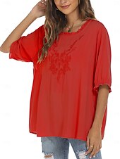 preiswerte Damen Einfache Oberteile-Damen Hemd Einfarbig Blumen Lässig Boho Dreiviertelarm Ellbogenärmel Rundhalsausschnitt Normale Oberteile Täglich Ausgehen Rüsche Bestickt Schwarz Weiß Rote Khaki Sommer