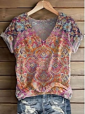 billige Boho t-skjorte-Dame T skjorte Grafisk Paisly Årgang Stilfull Klassisk Kortermet V-hals Vanlige topper Daglig Trykt mønster Svart Rød Oransje Lilla Grå Sommer Vår