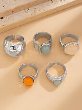 billige Kvinneringer-Damesett med vintage edelstener i gull – sett med flere statement-ringer med klumpete tekstur og fargerike harpiks-edelstener, egnet for kontor, vintage-mote, fest og hverdagsstil