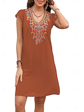 cheap Boho Dress-Women&#039;s Mini Dress Casual Dress Fashion Modern Elegant Dress Cap Sleeve Wedding Daily Date Regular Fit Floral Embroidery Sleeveless V Neck Black White Orange Summer