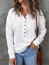 preiswerte Einfarbiges T-Shirt-Damen Bluse Knöpfe Einfarbig Stilvoll Basic Lässig Langarm Hemdkragen Normale Oberteile Täglich Schwarz Weiß Marineblau Himmelblau Khaki Sommer Frühling Herbst