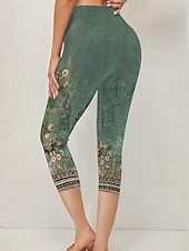 baratos Leggings de mulher-Mulheres Leggings Férias Vintage Estilo Étnico Comprimento da panturrilha Cintura Alta Floral Gráfico Respirável Secagem Rápida Macio Com Stretch Ao ar livre Férias Casual Verde Verão Primavera Fino