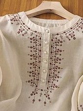 billige Skjorter-Dame Skjorter i bomullslin Helfarge Grunnleggende Fritid 3/4 ermer Crew-hals Vanlige topper Daglig Broderi Knapper Rosa Blå Aprikos Sommer