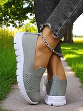 billige Sneakers til kvinner-Grå flyknit slip-on-sneakers til dame – hverdagssko for turgåing, ærender og fritid i parken