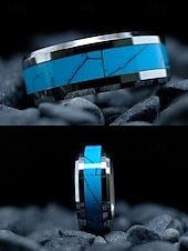 economico Gioielli da uomo-Anello da uomo in acciaio inossidabile con intarsio turchese blu, fascia lucida comfort fit, gioiello in stile western da indossare ogni giorno, matrimoni o regali