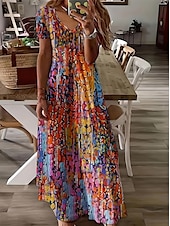 abordables Robes Boho-Femmes Robe Midi Robe d&#039;Été Robe trapèze Vacances Occasionnel Boho Sortir Plage Coupe Standard Fleuri Graphique Manche Courte Col en V Gris vert Blanche Vert Claire Rouge Été Printemps