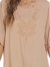 preiswerte Damen Einfache Oberteile-Damen Hemd Einfarbig Blumen Lässig Boho Dreiviertelarm Ellbogenärmel Rundhalsausschnitt Normale Oberteile Täglich Ausgehen Rüsche Bestickt Schwarz Weiß Rote Khaki Sommer