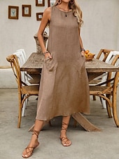 preiswerte Weißes Kleid-Damen Maxikleid A Linie Kleid Sommerkleid Lässig Täglich Normale Passform Einfach Ärmellos Rundhalsausschnitt Wein Blau Braun Grün Sommer