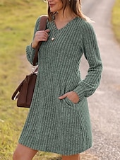 economico Abiti in maglia-Per donna Mini Abito Abito in maglia Casual Casuale Vestibilità regolare Semplice Manica Lunga Scollo a V Nero Marrone Verde Grigio Autunno Inverno