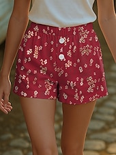 preiswerte Shorts mit Grafik-Damen Chinos Shorts Urlaub Vintage Ethno-Stil Kurz Hohe Taille Blumen Grafik Schnalle Druck Atmungsaktiv Weich Außenbereich Mikroelastisch Formell Outdoor Urlaub Rubinrot Weiß Rote Sommer Frühling