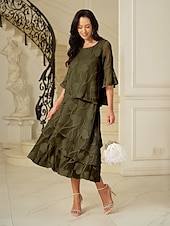 billige Chiffon skjørt-Dame الالتفاف Elegant Midi Medium Midje Skjørt Blomster Multi Layer Uelastisk Fest Avslappet Oliven Sommer Chiffon
