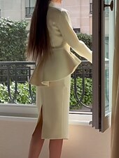economico Set di abiti per la mamma-Abito da madre della sposa a sirena/tromba in due pezzi, abito peplo, elegante, semplice e minimalista, scollo a V, collo alto, lunghezza tè, tessuto elasticizzato in crêpe, maniche lunghe con bottoni