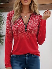 abordables T-shirt Boho-Femmes T-shirt Graphique Dégradé de couleur ancien Moderne Occasionnel manche longue Col en V Hauts Réguliers Quotidien Week-end Fermeture éclair Imprimé Rouge Bleu Violet Vert Été Printemps