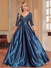 cheap BLACK-A-Line Quinceanera Dresses Elegant Dress Formal Wedding Floor Length Long Sleeve V Neck Polyester with Sequin