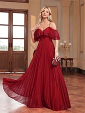 baratos VERMELHO-Linha A vestidos de quinceanera Elegante Vestido Formal Casamento Longo Sem Manga Com Alças Finas Chiffon Sem parte Traseira com Pregas 2025