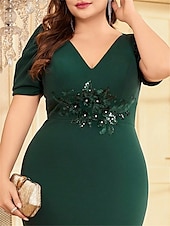 cheap BLUE-Mermaid / Trumpet Plus Size Dresses Elegant Curve Dress Formal Wedding Floor Length Short Sleeve V Neck Polyester with Appliques