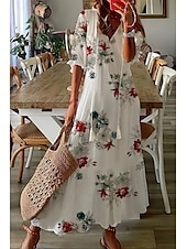 levne Boho šaty-Dámské Midi šaty Šaty s potiskem Módní Denní Běžný Květiny 3/4 délka rukávu Do V Bílá Léto